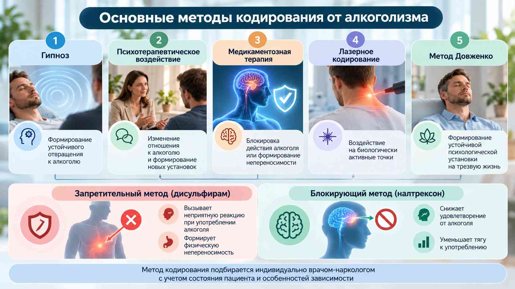 Инфографика о пяти методах кодирования от алкоголизма и различиях между запретительной и блокирующей медикаментозной терапией.